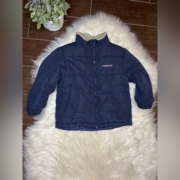 London Fog navy blue hooded sherpa lined jacket sz medium (5-6) - Picture 1 of 4